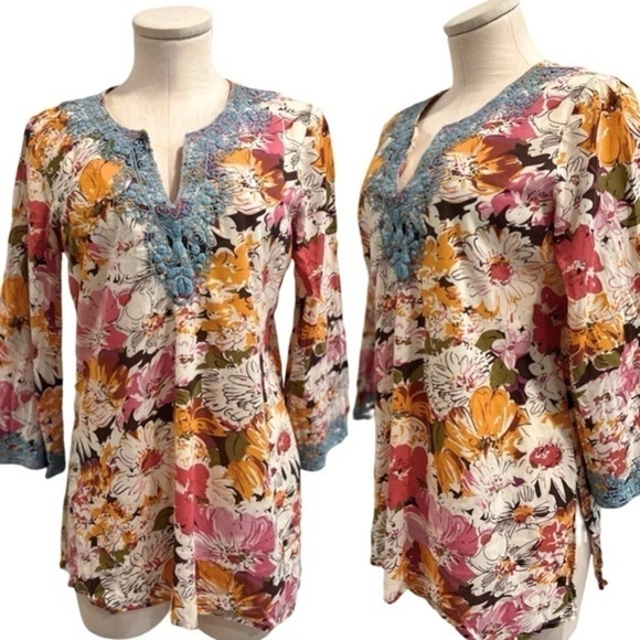 Sundance Cotton Floral Tunic Top with Embroidery Finish - Picture 1 of 13